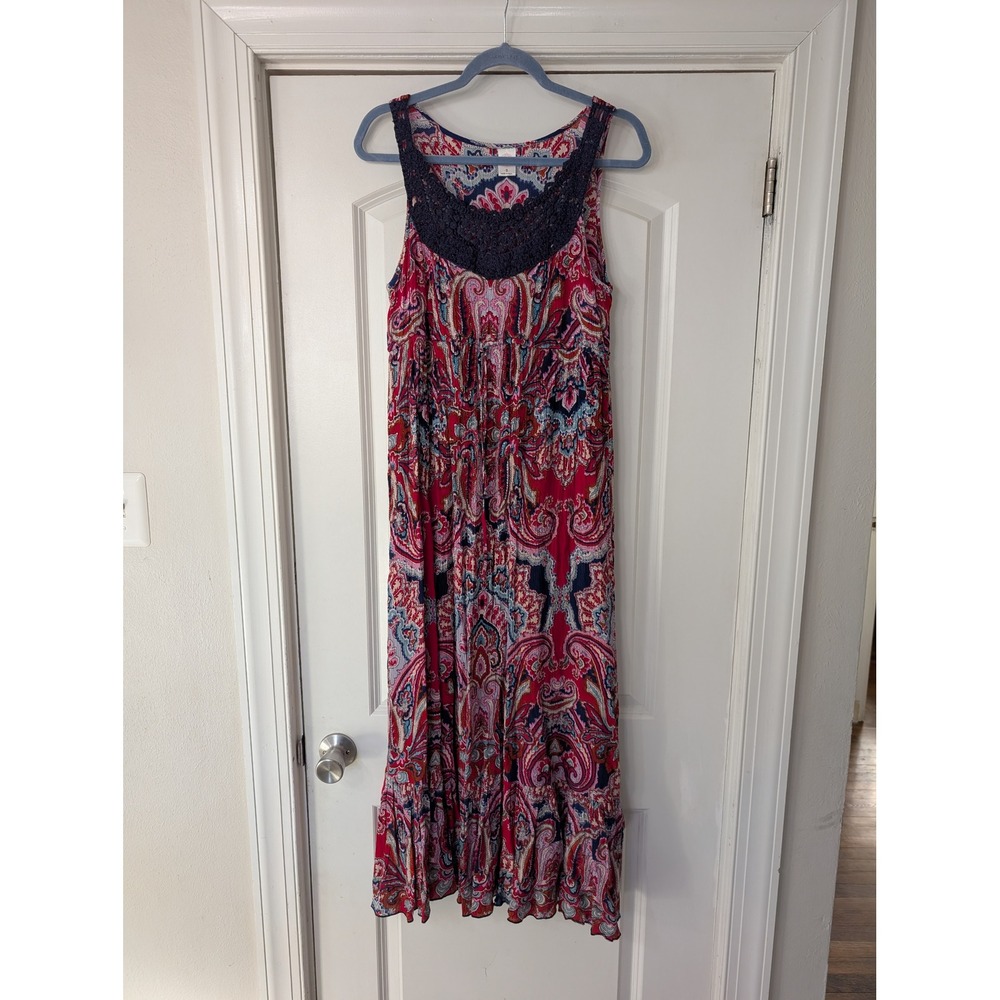 Bila Paisley Print Crochet Neck Maxi Dress Womens Small Red flowy India Bohemian